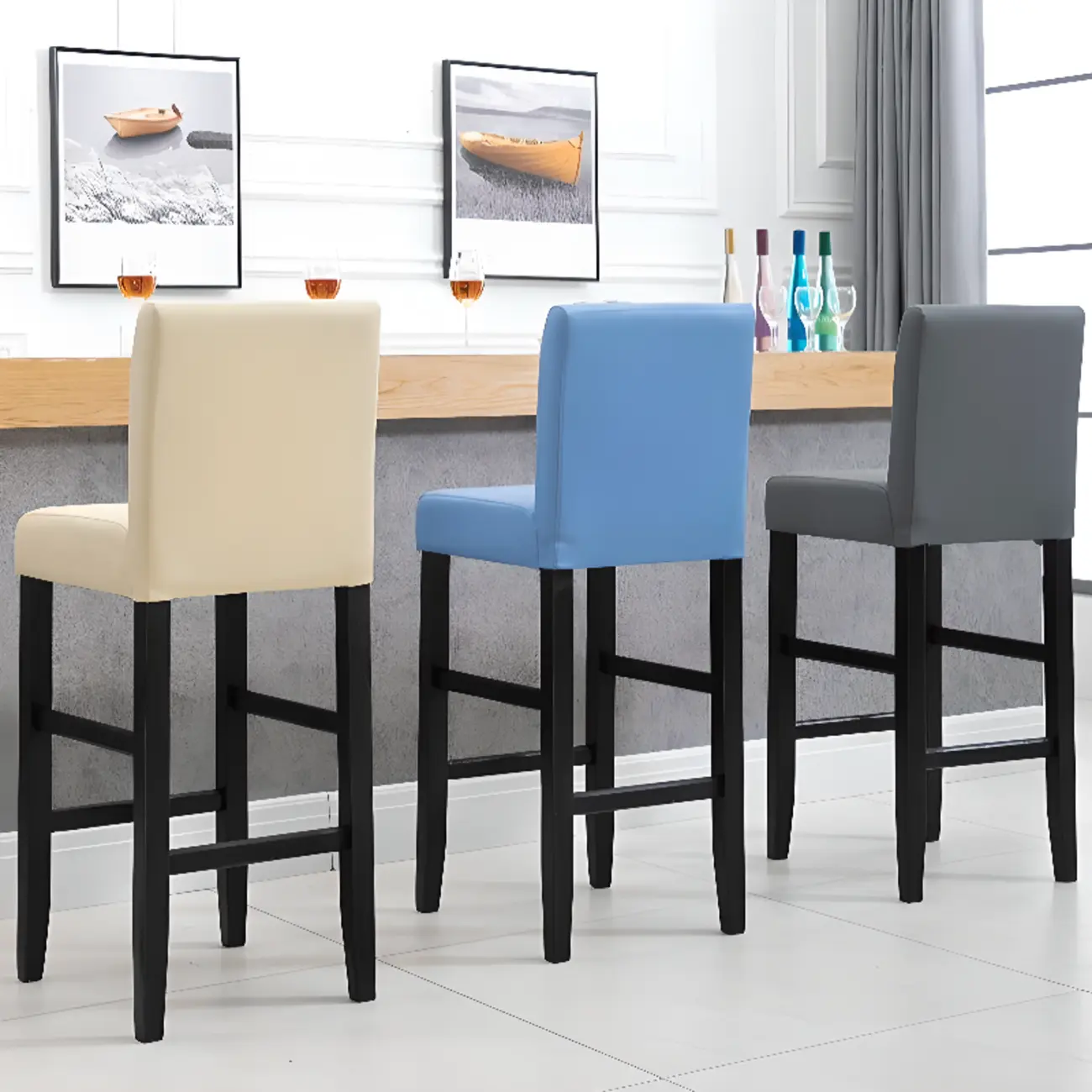 Traditional Wood Leather Upholstered Bar Height Stool