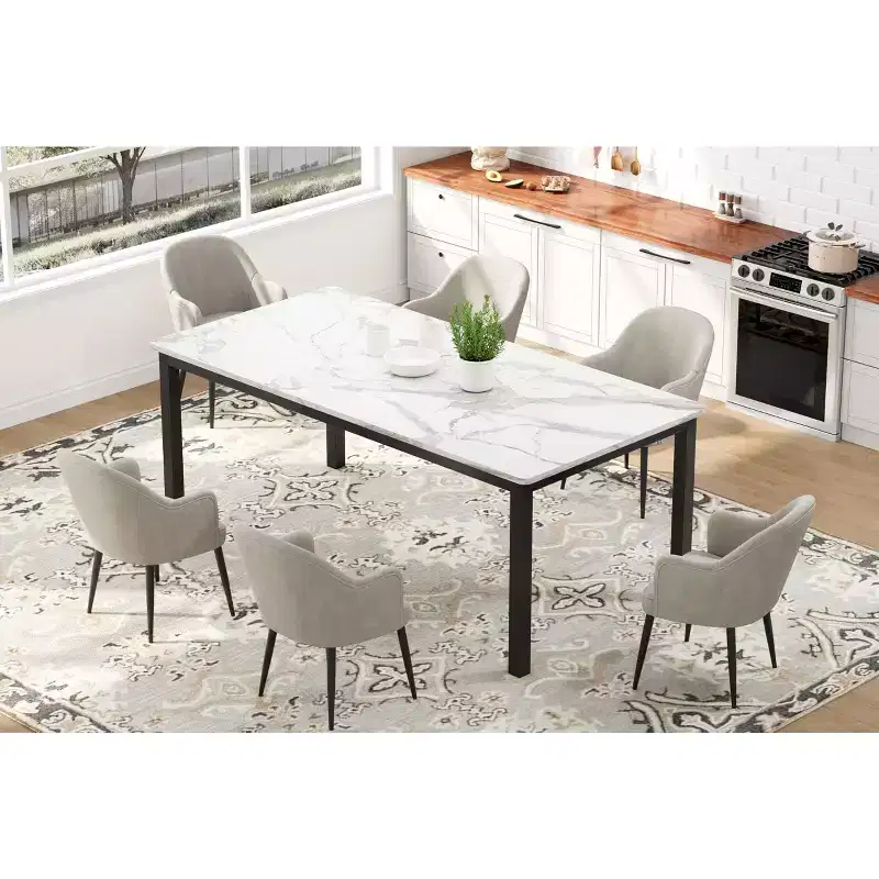 Industrial Dining Table for 6-8 People, Wooden Rectangle Long Dinner Kitchen Table with Metal Legs, Round Corners, Writing Office Desk