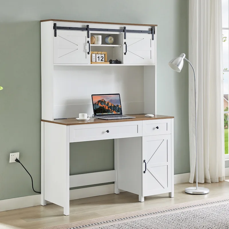 Farmhouse Computer Writing Desk with Hutch and Charging Station for Home Offices or Student Workspaces