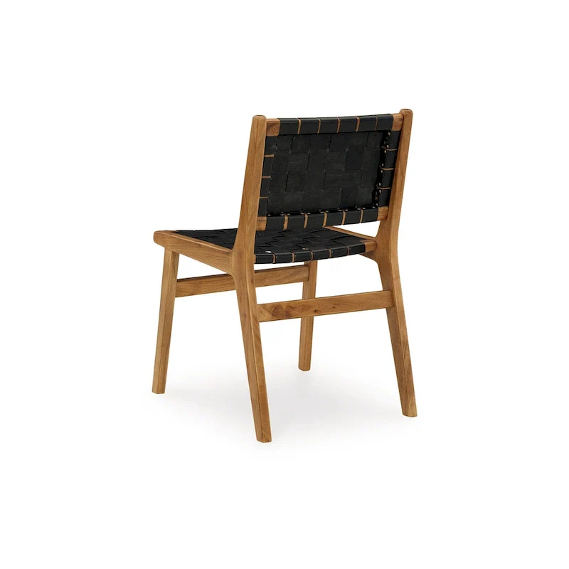 Dinno Dining Side Chair Set of 2, Brown Wood, Black Woven Leather Seat