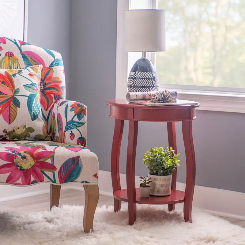 White Round Side Table with Lower Shelf & Cabriole Legs, 1-Person