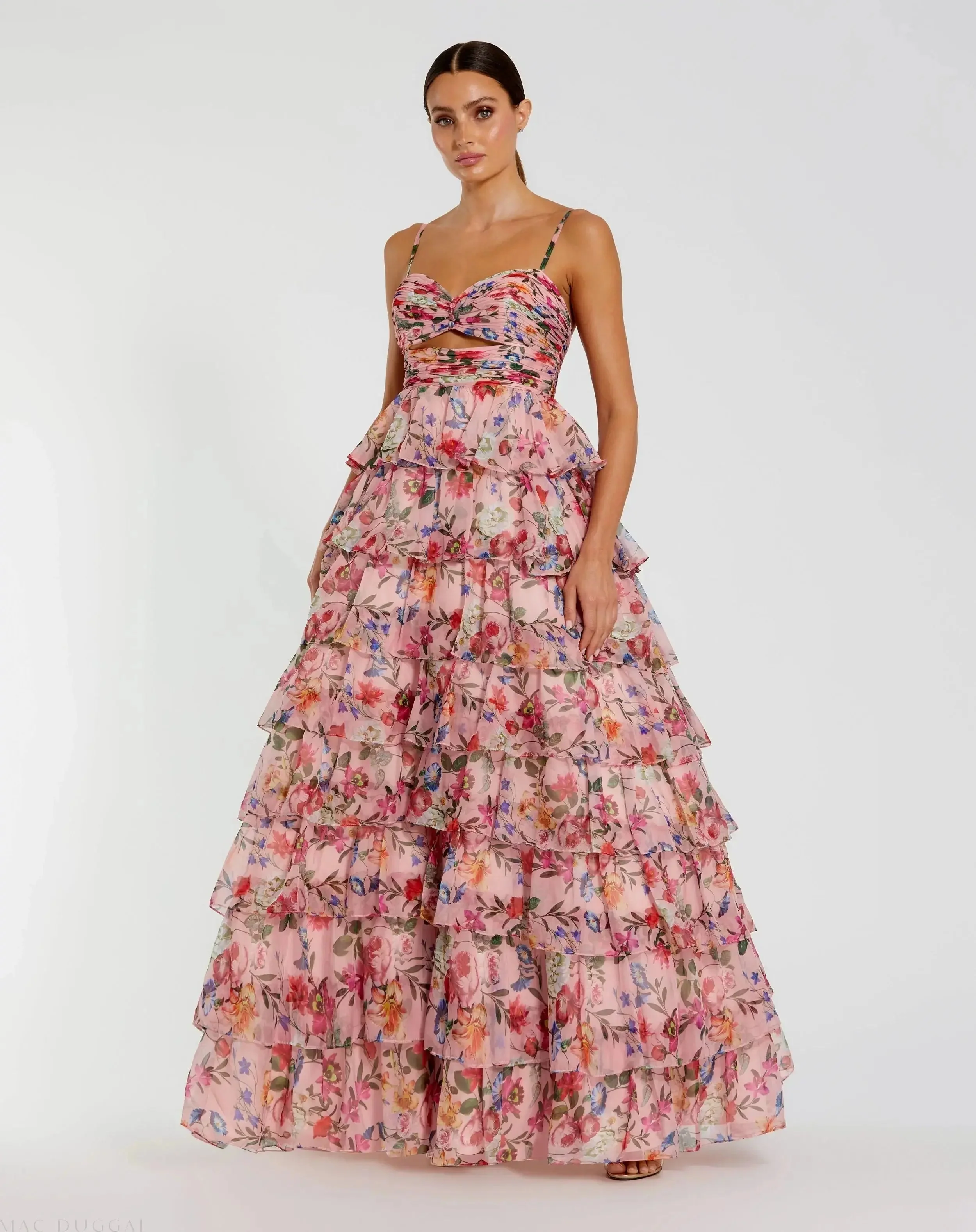 Floral Cut Out Ruffle Tiered Gown
