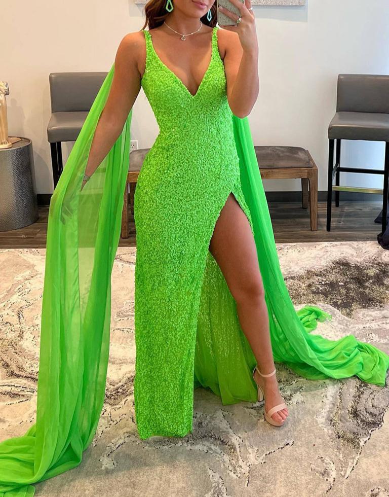 Mermaid V Neck Sequin Prom Dress with Slit