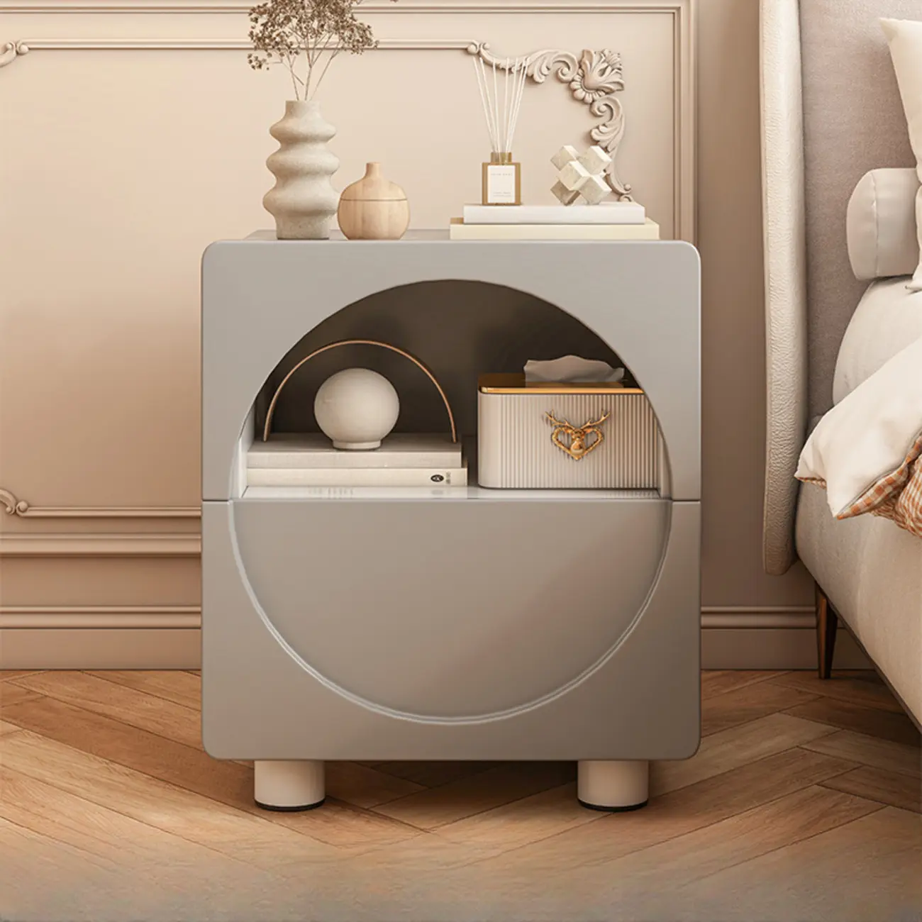 Modern 2-Tier Wooden Small Nightstand in White/Grey