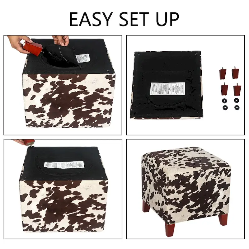 Adeco British Style Cow Print Cube Ottoman Home Bench Classy Footstool