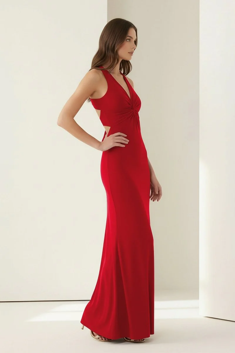 Pink Halter Mermaid Pleated Open Back Long Prom Dresses