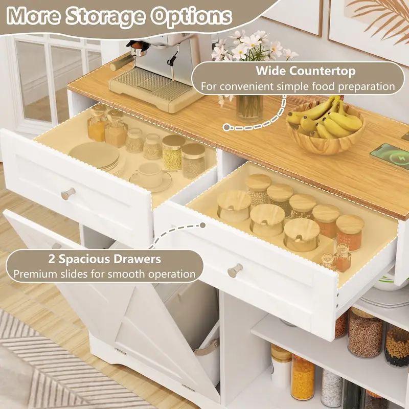 Gymax Tilt Out Trash Can Cabinet w/ Outlets 2 Drawers Adjustable Shelf