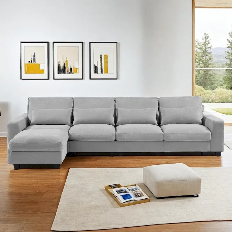Modern Convertible L-Shaped Linen Feather Filled Reversible Sectional Sofa