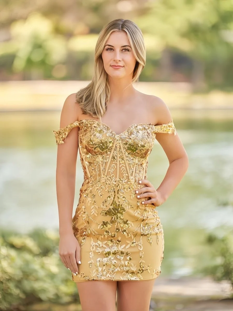Short Off the Shoulder Sheath Gold Kace Corset Mini Party Dresses