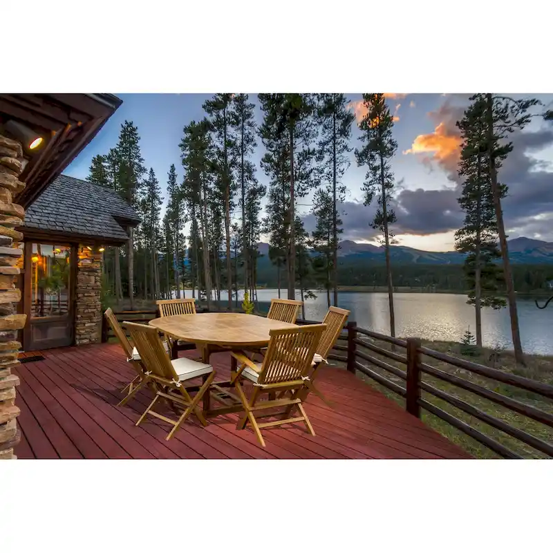 Chic Teak 7 Piece Teak Wood Miami Patio Dining Set with Round to Oval Extension Table, 2 Arm Chairs and 4 Side Chairs