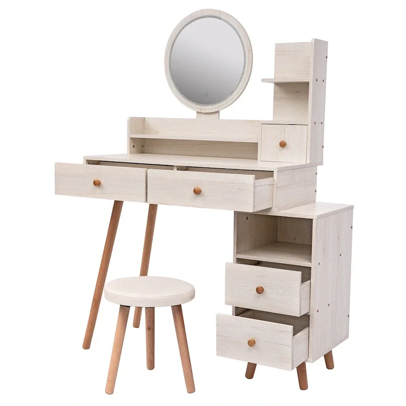 White Oak Modern Single-Person Vanity Table Set with Touch LED Mirror & 5 Drawers