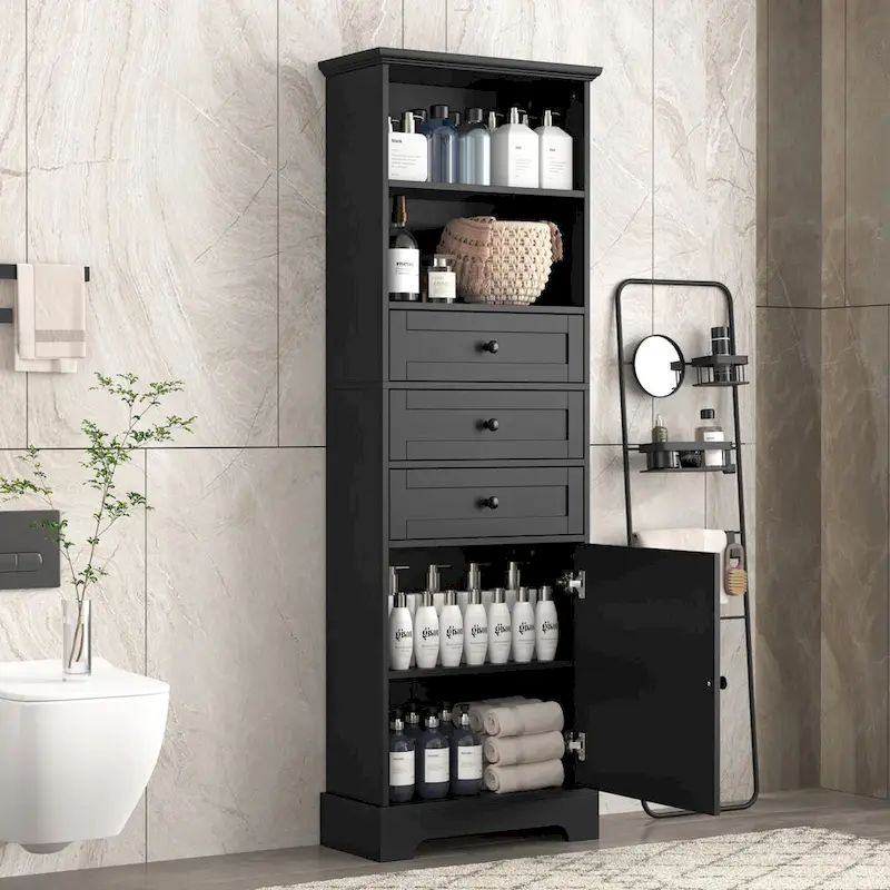 Black Tall Storage Cabinet with 3 Drawers and Adjustable Shelves for Bathroom,MDF Board with Painted Finish