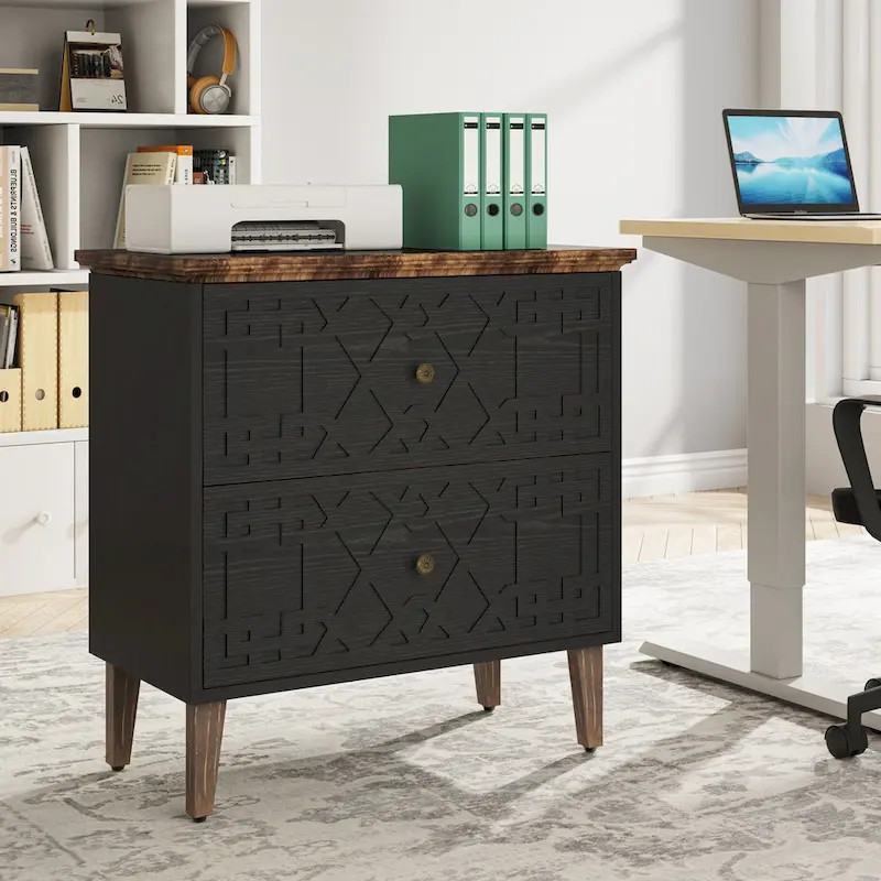 Lateral File Cabinet, 2 Drawer Filing Cabinet, Black Wood Storage Cabinet