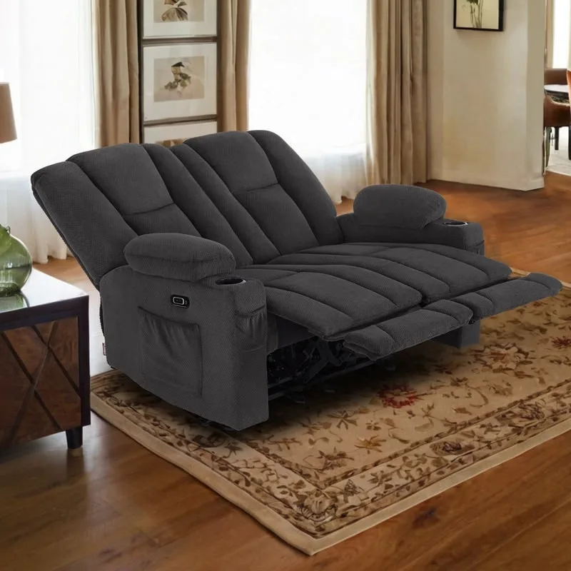 Electric Power Reclining Sofa with Massage and Lumbar Heat, Fabric