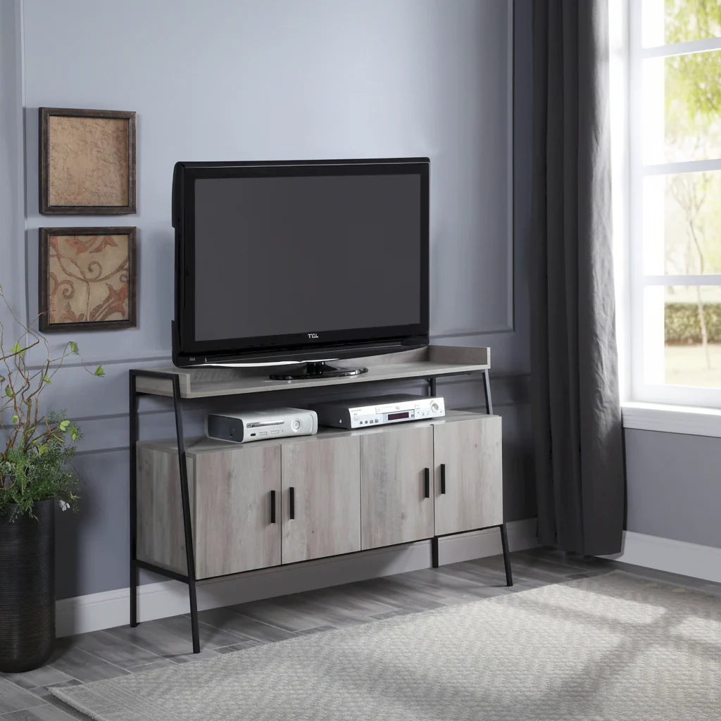 Oak 52 Industrial TV Stand with Shelf & Metal Legs