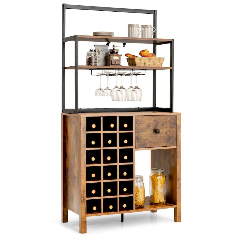 Gymax Kitchen Bakers Rack Freestanding Wine Rack Table w/ Glass Holder
