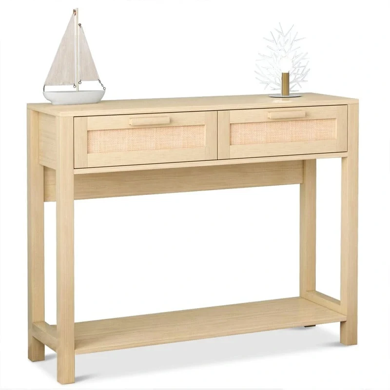 39.4 Rattan Console Table with 2 Drawers Entryway Table