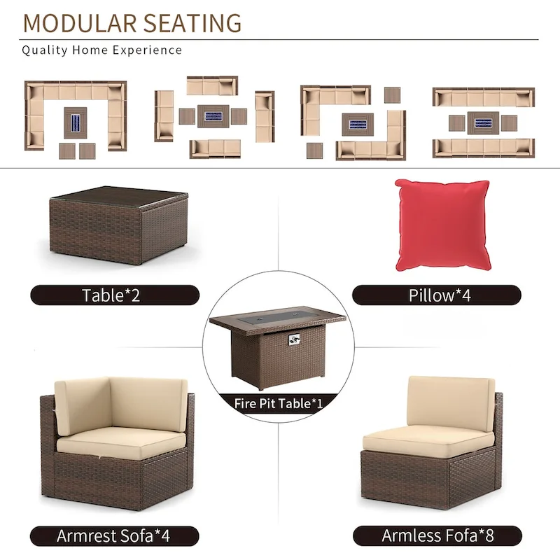 15 Pcs Patio Furniture Sets with 50000 BTU Fire Pit Table