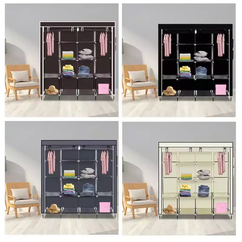 Karl Home 12-Cube Portable Closet Wardrobe with 2 Hanging Rods & 4 Side Pockets, 4-Tier Non-Woven Fabric Storage Organizer Grey