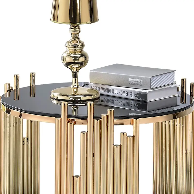 Modern Metal and Glass End Table with Tubing Design, Black and Gold