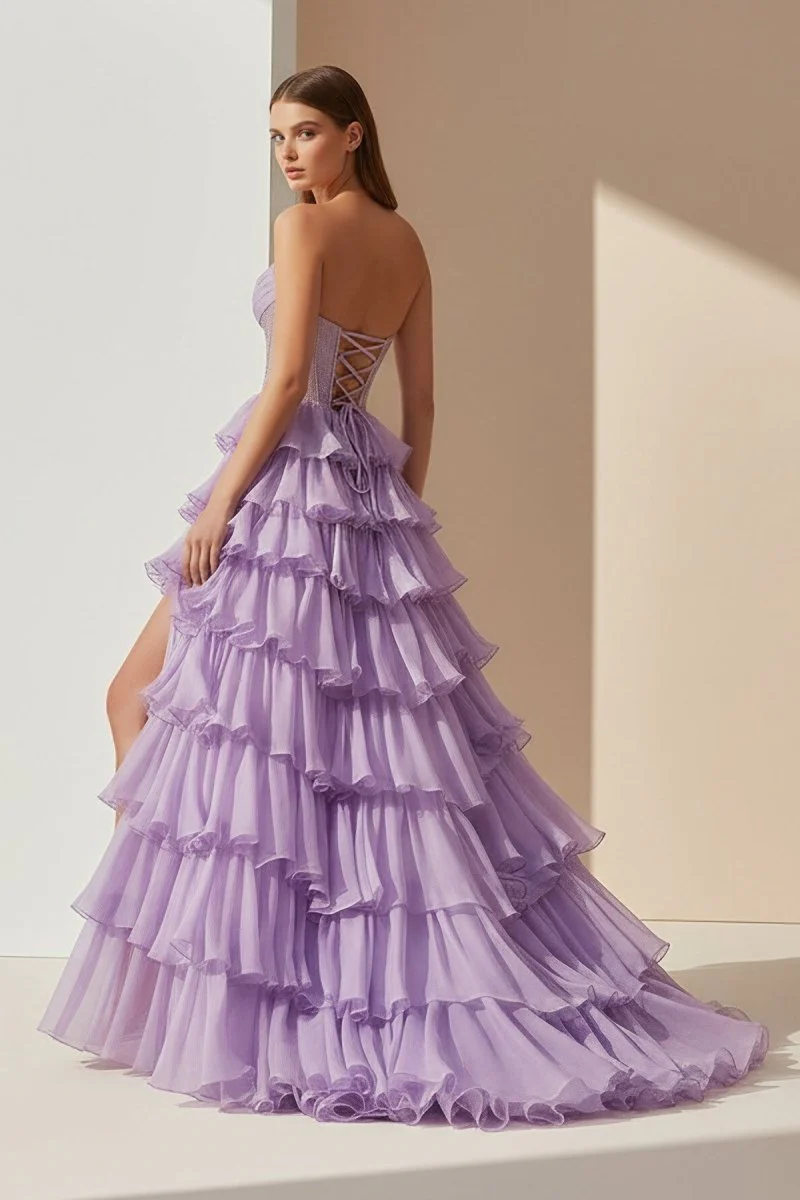 Lavender - A Line Strapless Chiffon Beaded Corset Long Prom Dress With Slit