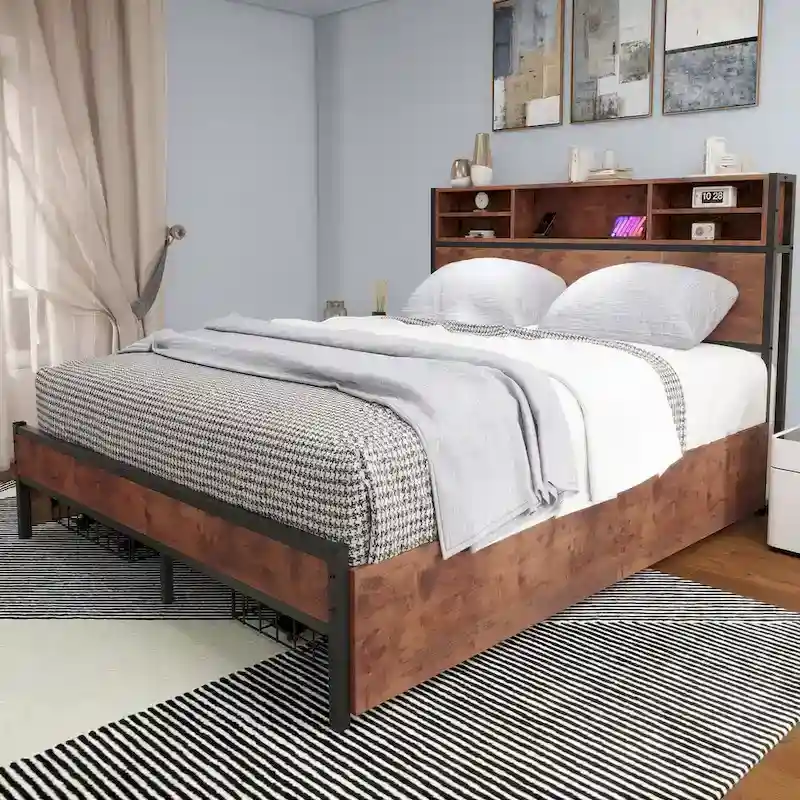 Moasis Queen/King Metal Platform Bed with 4 Storage Drawers and Charging Station