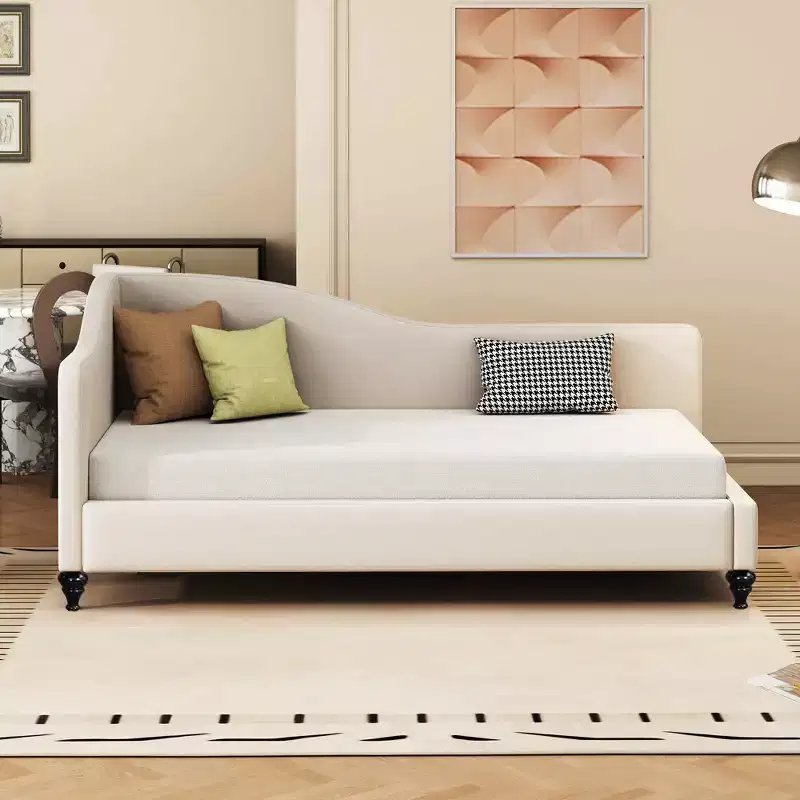 Okak Twin/Full Size Linen Daybed with L-Shaped Upholstered Bed Sofa Bed Frame with Solid Wood Legs Easy to Assemble