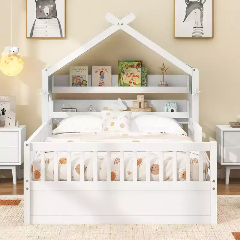 GDFStudio Castillo Wooden House Bed with Storage Headboard Shelf