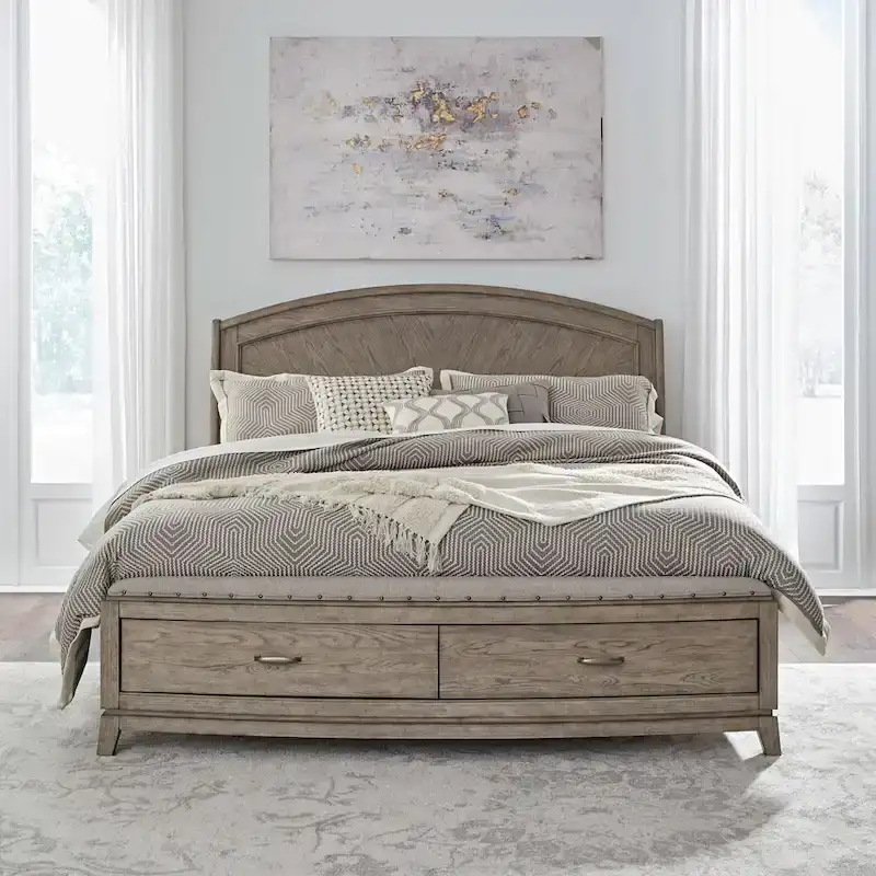 Avalon Burnished Beige Oak King Panel Storage Bed Bedroom Set