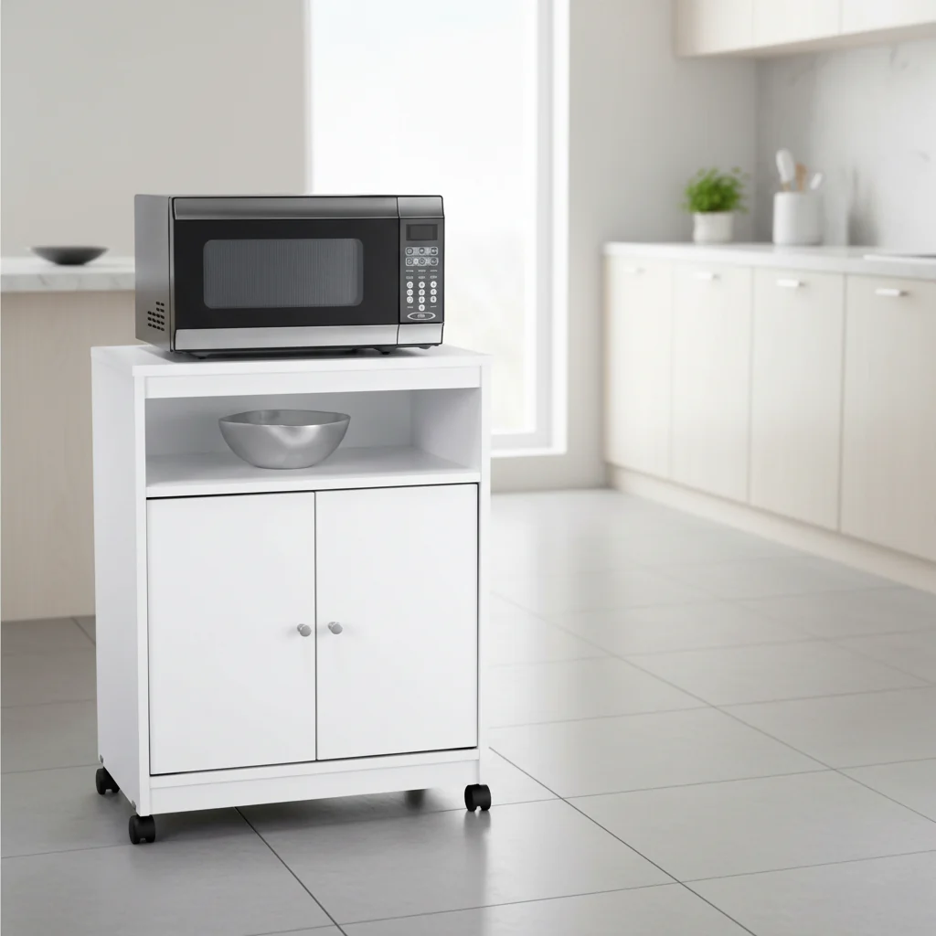 White Microwave Cart with Casters, Single-Tier Storage