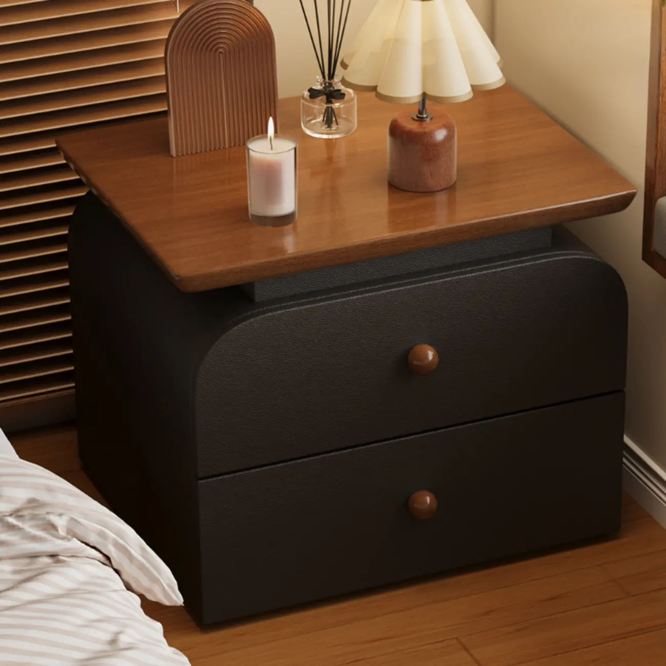 Faux Leather Modern Nightstand Wood Countertop
