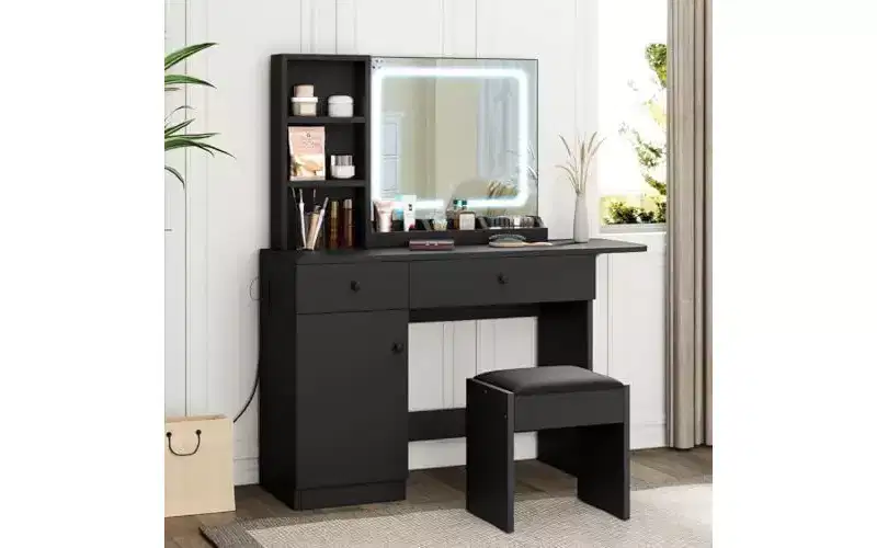 Bedroom Vanity with Lights, Wooden Dresser Set, Modern Dresser with Drawers, Cabinet, Shelf and Stool for Dresser, White