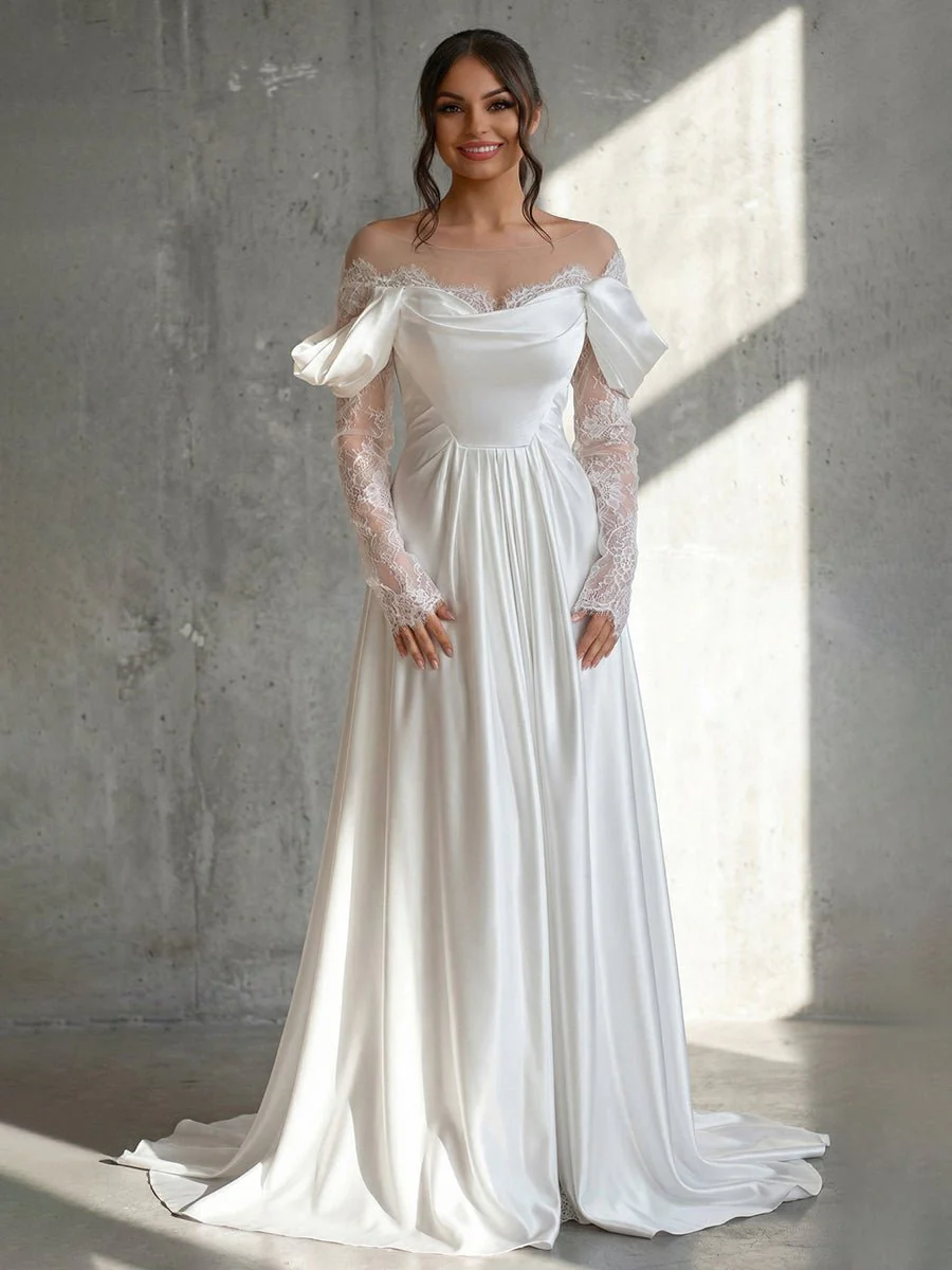 Mermaid Off-the-Shoulder Satin Lace Wedding Dress with Slit