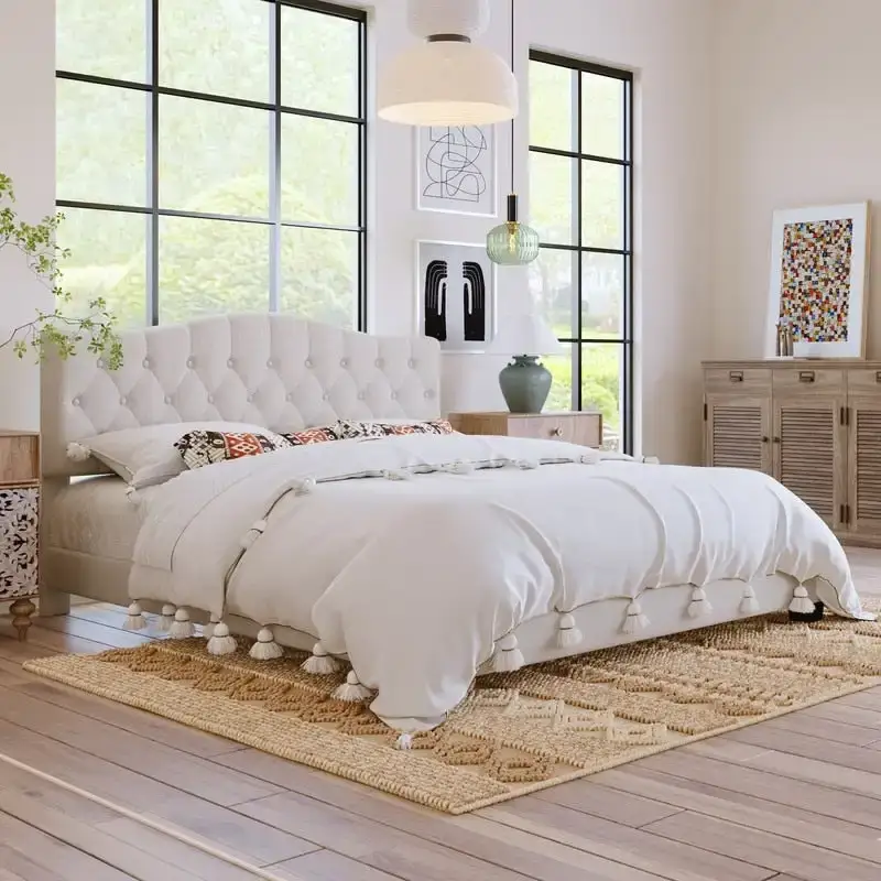 King Size , Modern Upholstered Platform Bed with Headboard, Heavy Duty Button Tufted Bed Frame with Wood Slat Support,Beige