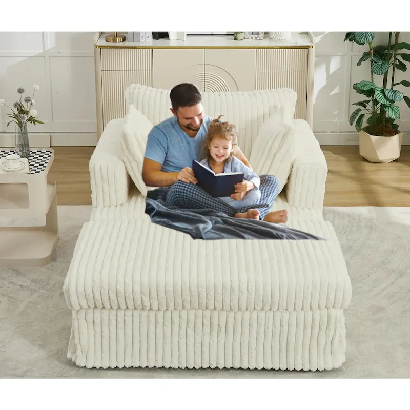 Dark Gray / Beige / Light Gray Corduroy Chaise Lounge with Ottoman & Pillows, 1-Seater