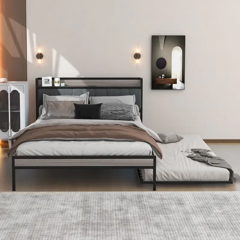 White / Black Queen Metal Platform Bed with Upholstered Headboard, Twin Trundle, Shelf & USB Charging