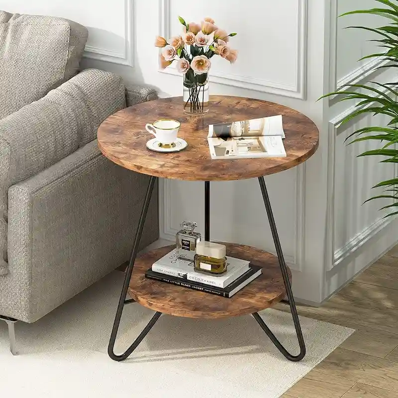 Round End Table, 2 Tier Wood Sofa Side Table for Living Room Bedroom