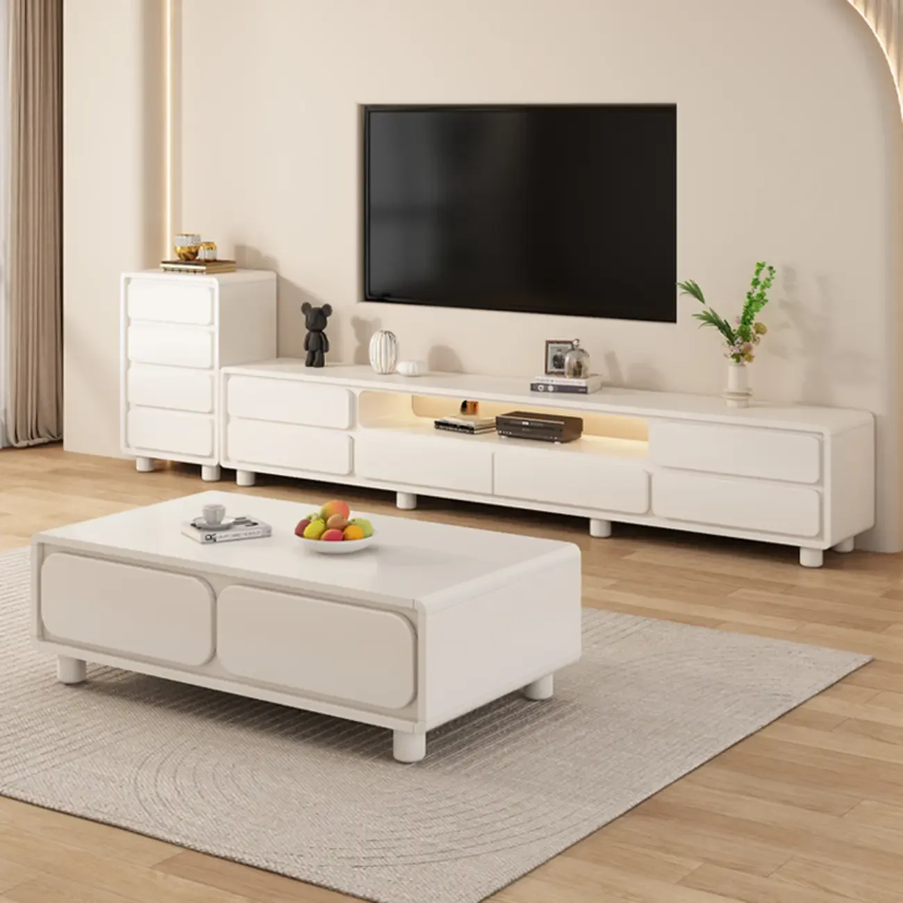 Modern White Wood TV Stand with 6 Drawers and Storage