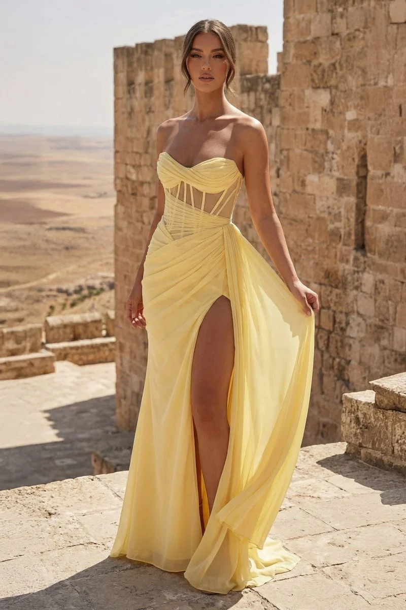 Yellow Strapless Sheath Pleated Long Prom Dresses With Slit