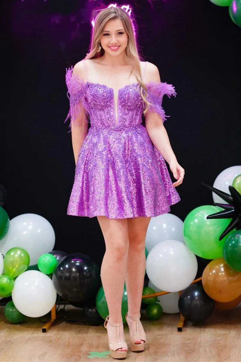 Purple Sequin Feather Cold-Shoulder A-Line Short Dress