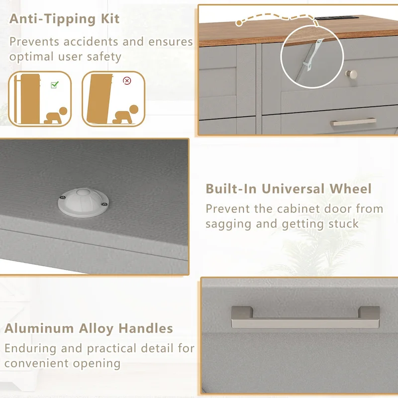 Gymax Tilt Out Trash Can Cabinet w/ Outlets 2 Drawers Adjustable Shelf