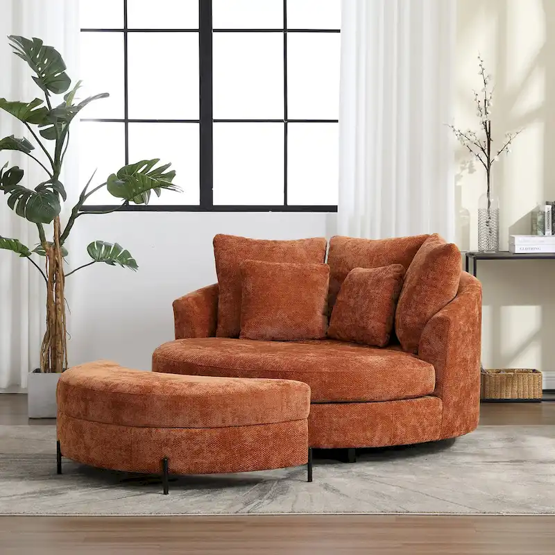 Modern Sofa Chair Round Accent Barrel Chair With 5 Pillows and Optional Ottoman