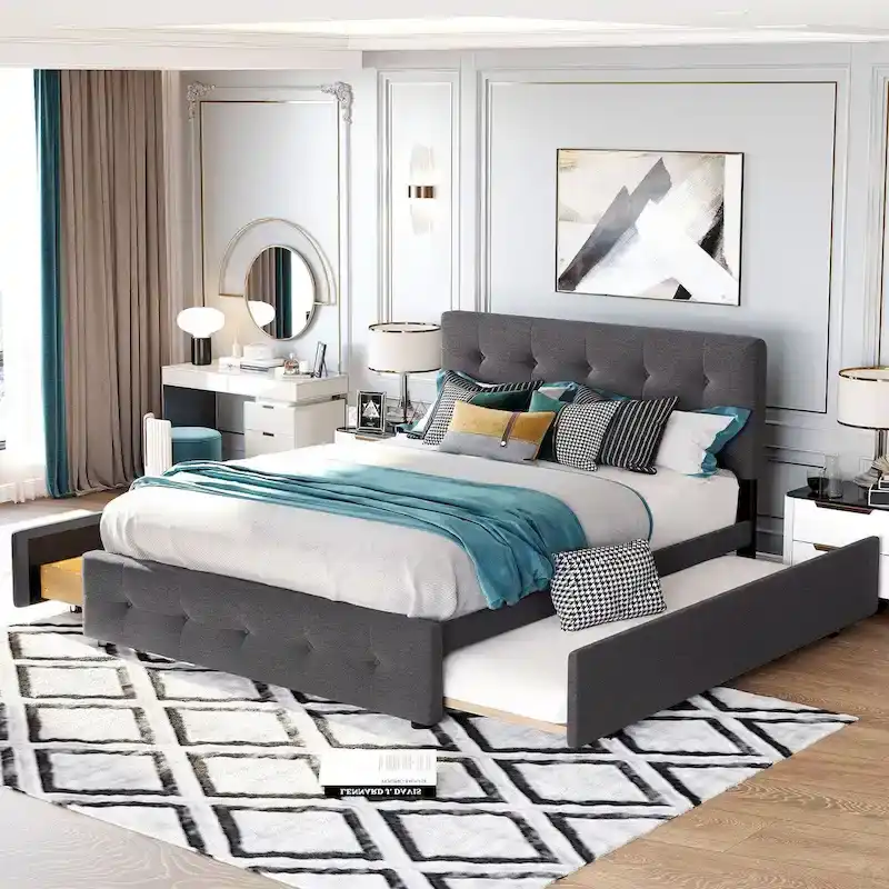 Queen Platform Bed, Linen Tufted, Dark Grey / Light Grey / Beige, 2-Person Assembly