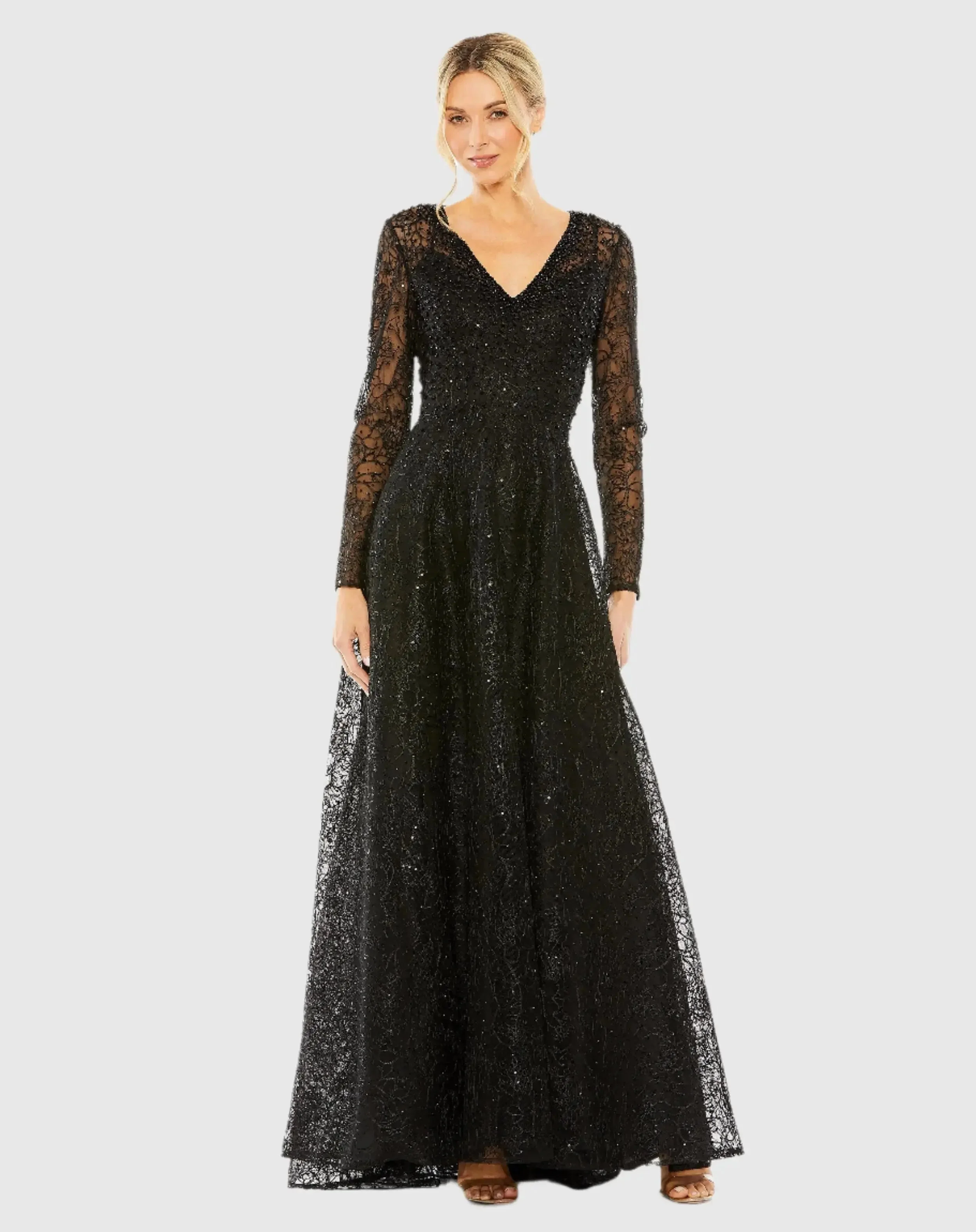 Black Crystal Embellished Long Sleeve V Neck Gown