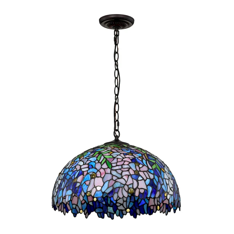 Rikkie 2-Light Wisteria Design Stained Glass Shade Tiffany-Style Pendant Lamp