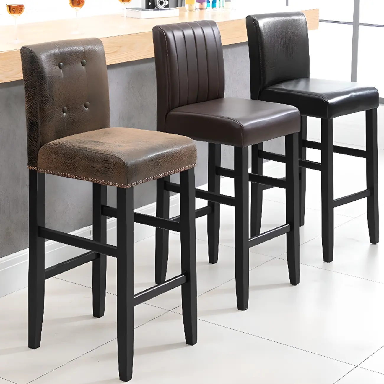 Traditional Wood Leather Upholstered Bar Height Stool