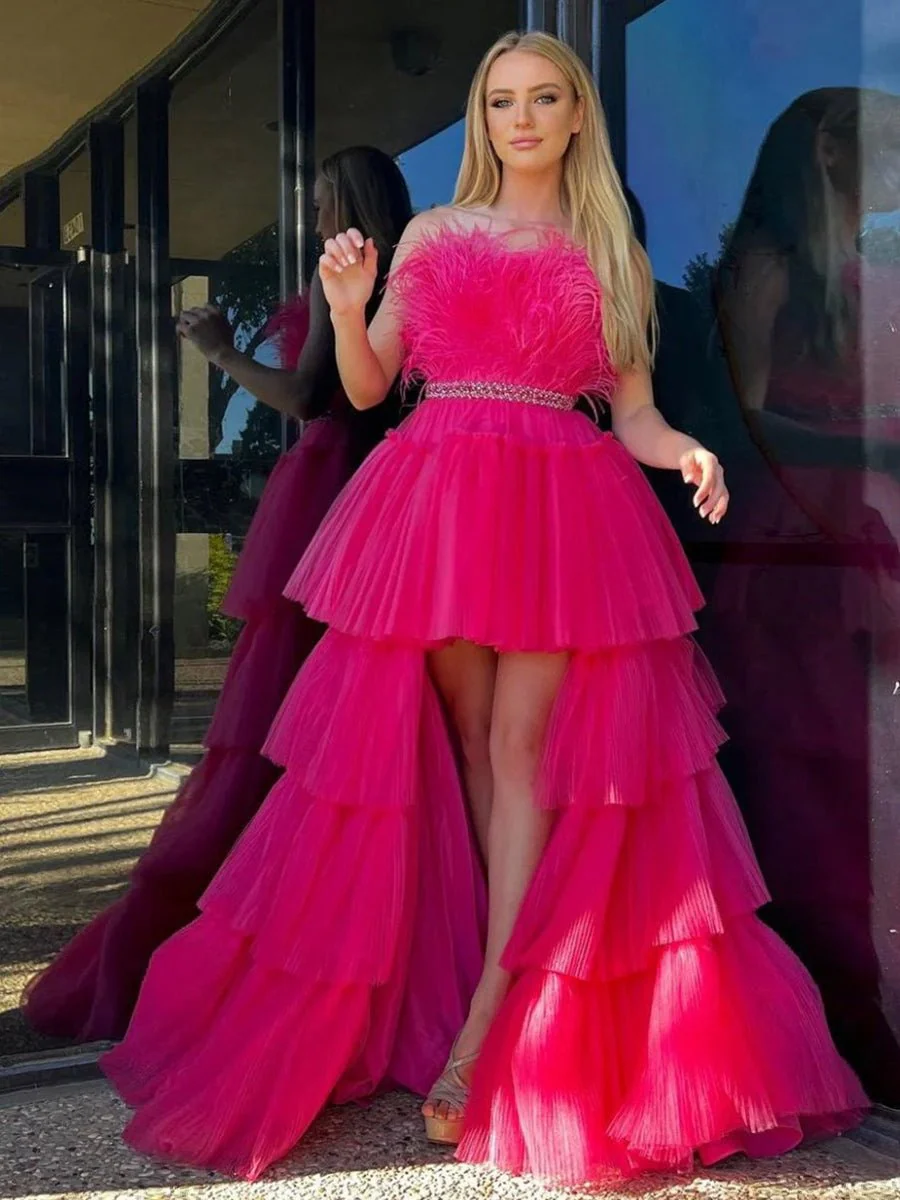 Fuchsia A-line High-Low Strapless Ruffled Tulle Prom Dress with Feathers