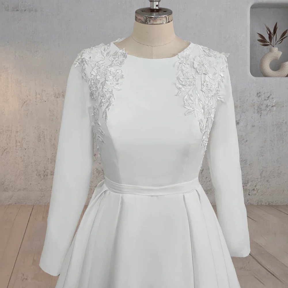 A Line White Long Sleeves Appliqued Wedding Dresses with Train