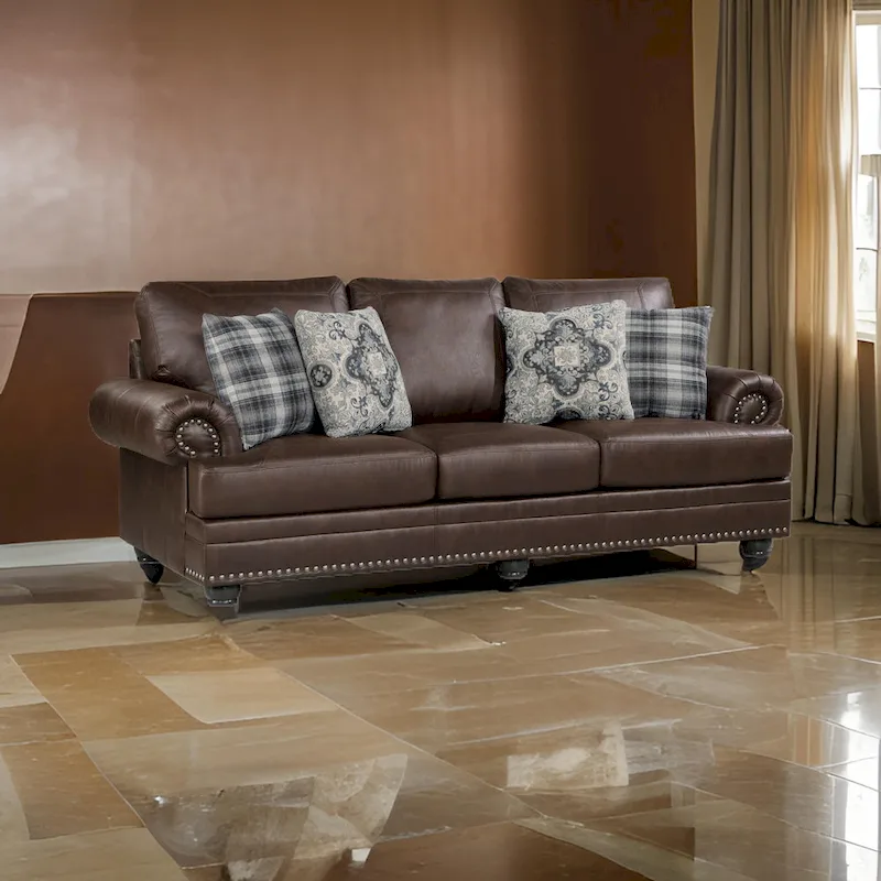 Jade 98 Inch Sofa, Rich Brown Microfiber, 4 Pillows, Soft Cushions, Wood