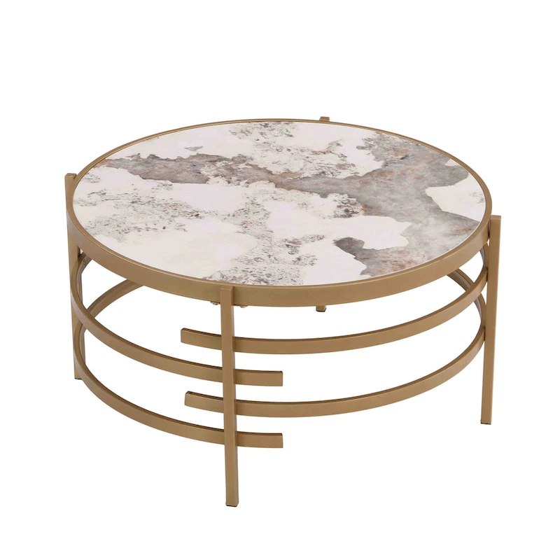 32.48 Modern Round Coffee Table with Sintered Stone Top & Sturdy Metal Frame